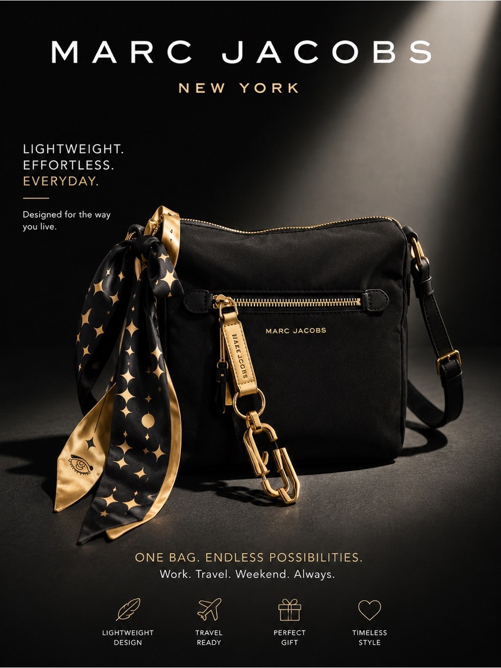 Marc Jacobs Lightweight North South Nylon Crossbody Black with Gold Hardware